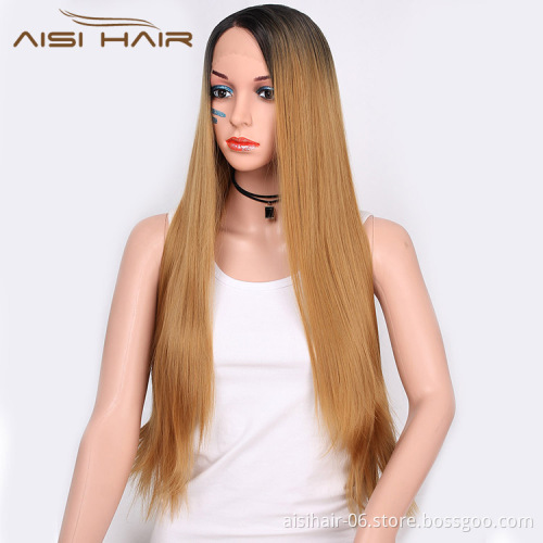 Good Quality Long Silky Ombre Root Brown Dark Straight Wig  Lace Frontal Wig Natural Wave Front Lace Hair Wigs For Women